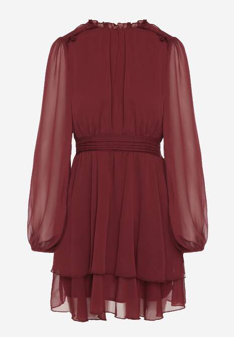 Bordowa Szyfonowa Sukienka Mgiełka o Rozkloszowanym Kroju z Bufiastymi Rękawami Aziva 6