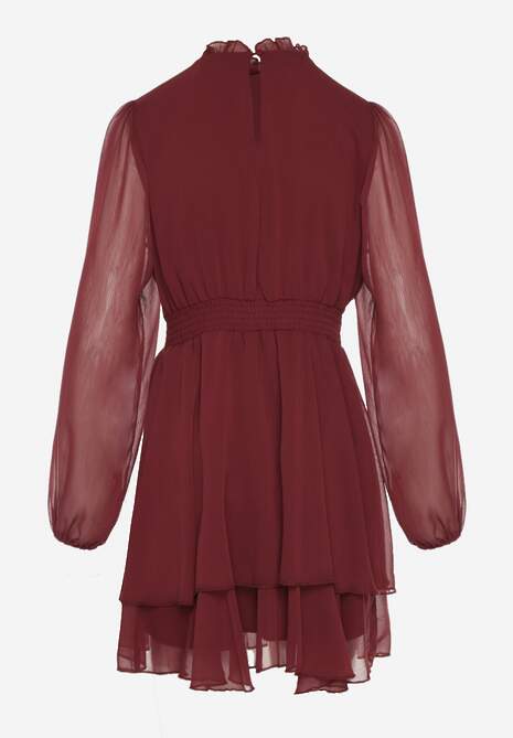 Bordowa Szyfonowa Sukienka Mgiełka o Rozkloszowanym Kroju z Bufiastymi Rękawami Aziva 7