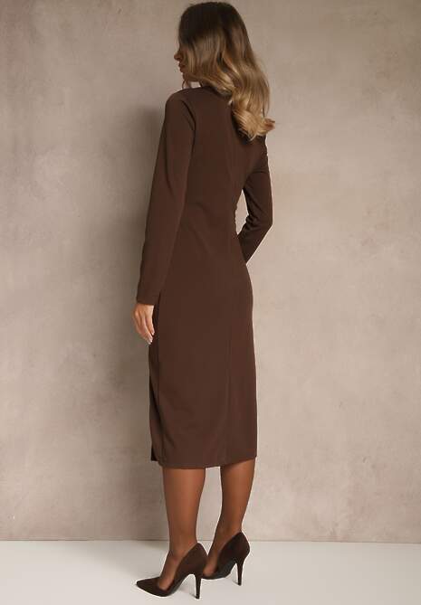 Brązowa Sukienka Bodycon z Bawełną i Paskami z Klamrami z Boku Esenelia 5