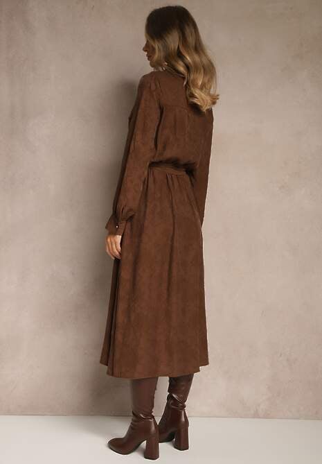 Brązowa Koszulowa Sukienka z Wiskozy o Rozkloszowanym Fasonie z Wiązaniem Isozera 5