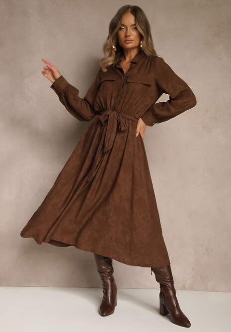 Brązowa Koszulowa Sukienka z Wiskozy o Rozkloszowanym Fasonie z Wiązaniem Isozera 4