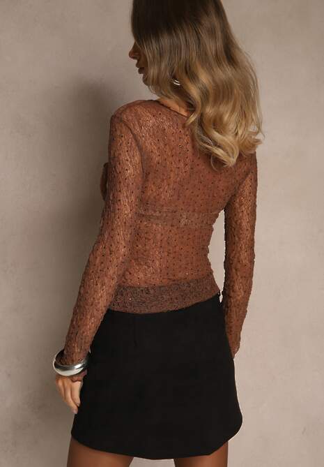 Brązowa Bluzka Lonsgleeve z Koronki Zdobiona Cyrkoniami Isoneva 6