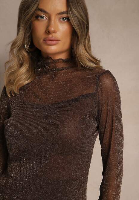Brązowa Bluzka Longsleeve z Golfem z Siateczki z Metaliczną Nitką Azeda 5