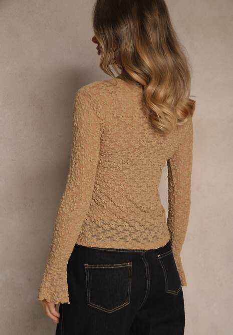 Beżowa Bluzka Longsleeve z Koronki z Falbankami przy Rękawach Isonea 5