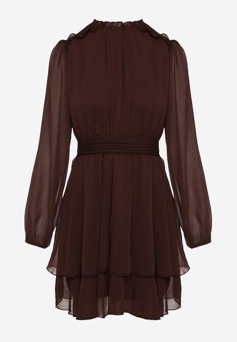 Brązowa Szyfonowa Sukienka Mgiełka o Rozkloszowanym Kroju z Bufiastymi Rękawami Aziva 6