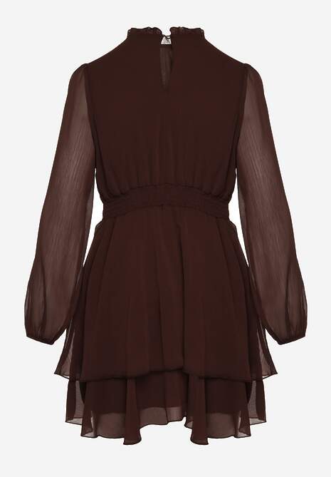 Brązowa Szyfonowa Sukienka Mgiełka o Rozkloszowanym Kroju z Bufiastymi Rękawami Aziva 7
