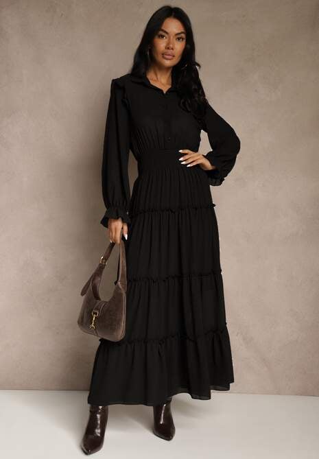 Czarna Sukienka VICES Koszulowa z Falbaną w Rustykalnym Stylu Arivite