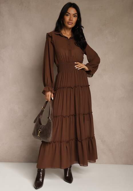 Brązowa Sukienka VICES Koszulowa z Falbaną w Rustykalnym Stylu Arivite