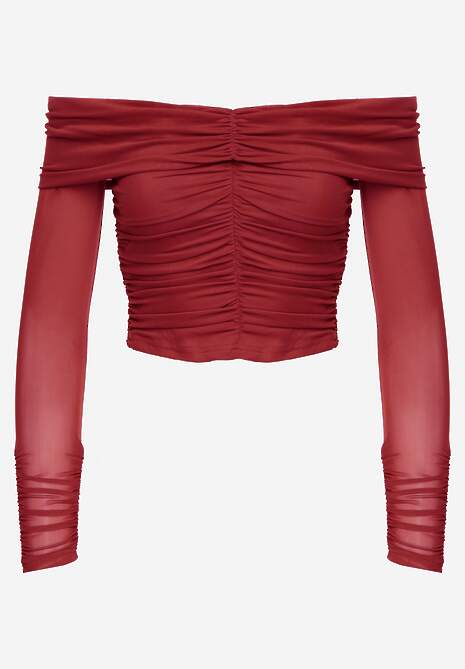 Bordowa Drapowana Bluzka VICES z Odkrytymi Ramionami i Siateczkowymi Rękawami Atevite 6