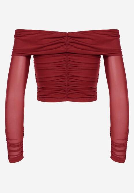 Bordowa Drapowana Bluzka VICES z Odkrytymi Ramionami i Siateczkowymi Rękawami Atevite 7