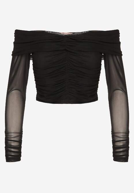 Czarna Drapowana Bluzka VICES z Odkrytymi Ramionami i Siateczkowymi Rękawami Atevite 6
