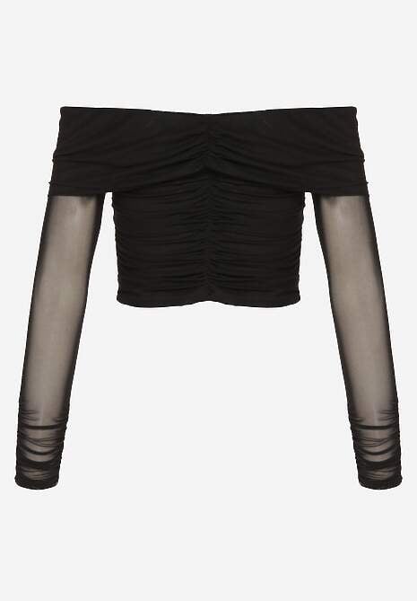 Czarna Drapowana Bluzka VICES z Odkrytymi Ramionami i Siateczkowymi Rękawami Atevite 7