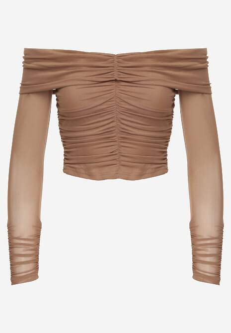 Ciemnobeżowa Drapowana Bluzka VICES z Odkrytymi Ramionami i Siateczkowymi Rękawami Atevite 6