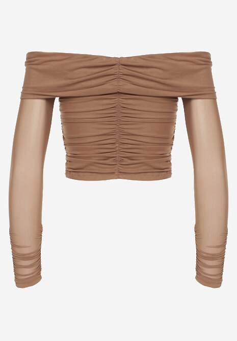 Ciemnobeżowa Drapowana Bluzka VICES z Odkrytymi Ramionami i Siateczkowymi Rękawami Atevite 7
