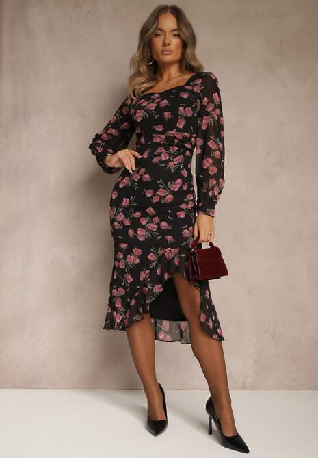 Czarno-Różowa Sukienka VICES o Taliowanym Kroju z Falbankami i Bufiastymi Rękawami Tevite