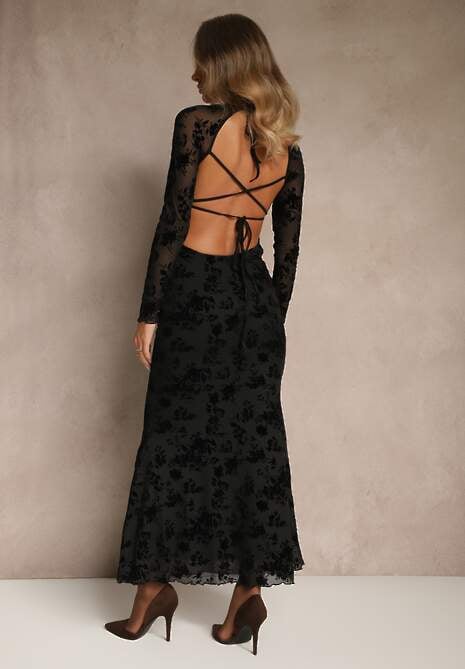 Czarna Sukienka VICES Bodycon z Siateczki Ozdobionej Wzorem w Kwiaty Rivita 5