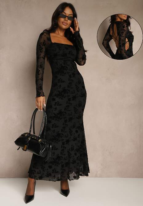 Czarna Sukienka VICES Bodycon z Siateczki Ozdobionej Wzorem w Kwiaty Rivita