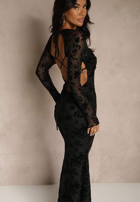 Czarna Sukienka VICES Bodycon z Siateczki Ozdobionej Wzorem w Kwiaty Rivita