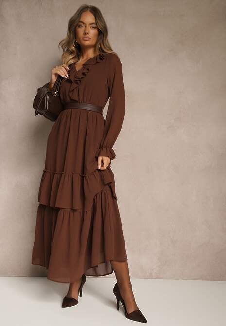 Brązowa Rozkloszowana Sukienka VICES z Falbanami i Transparentnymi Rękawami Aruvite