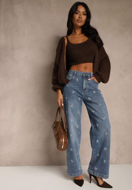 Niebieskie Jeansy Wide Leg High Waist z Haftem w Kształcie Kokardek Salimessa