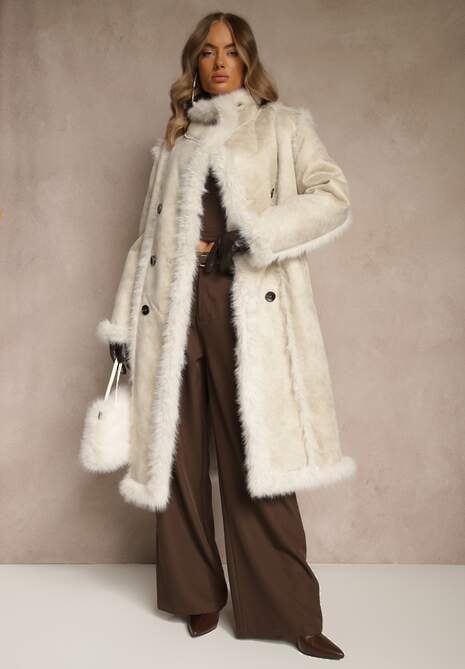 Beżowy Dwurzędowy Płaszcz Futerko o Dwustronnym Kroju z Kołnierzem Nalaneva