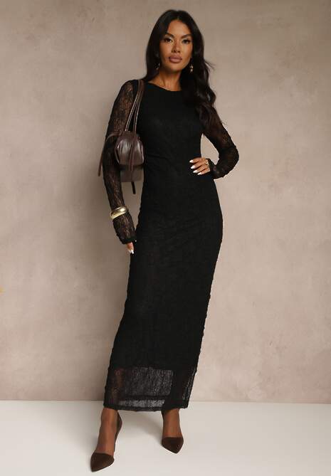 Czarna Koronkowa Sukienka Typu Longsleeve o Dopasowanym Kroju Zenoresa 4