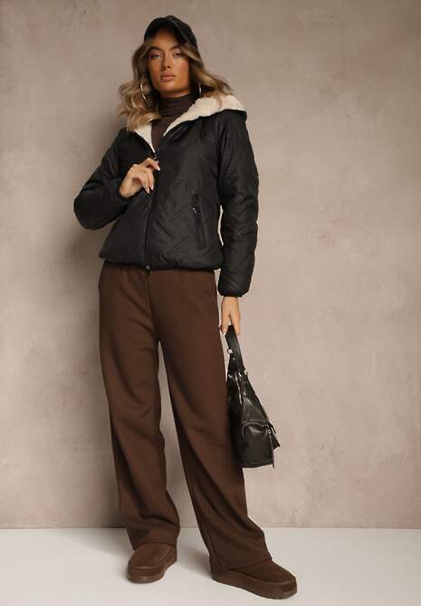 Czarno-Beżowa Dwustronna Kurtka z Pikowanymi Przeszyciami i Kapturem Tianessa 4
