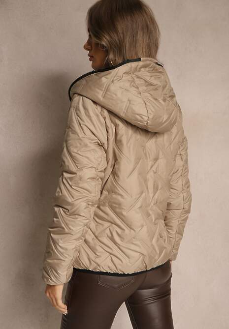 Beżowa Dwustronna Kurtka z Pikowanymi Przeszyciami i Kapturem Tianessa 5