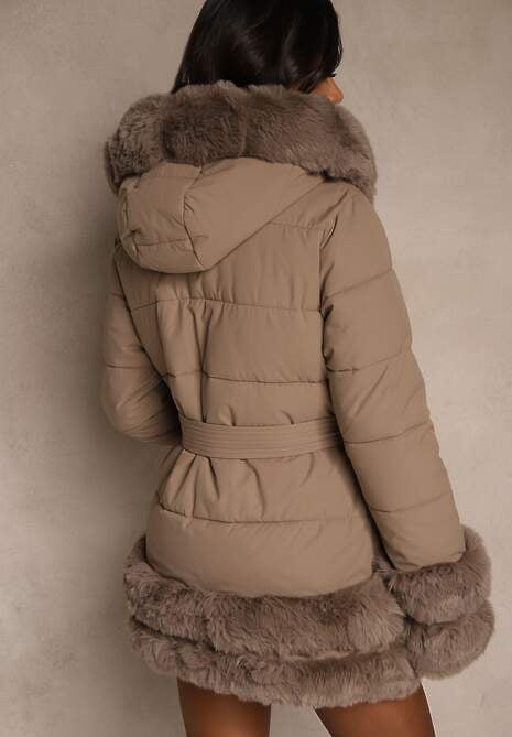Ciemnobeżowa Kurtka o Taliowanym Kroju z Paskiem Kapturem i Futerkiem Ranalia 4