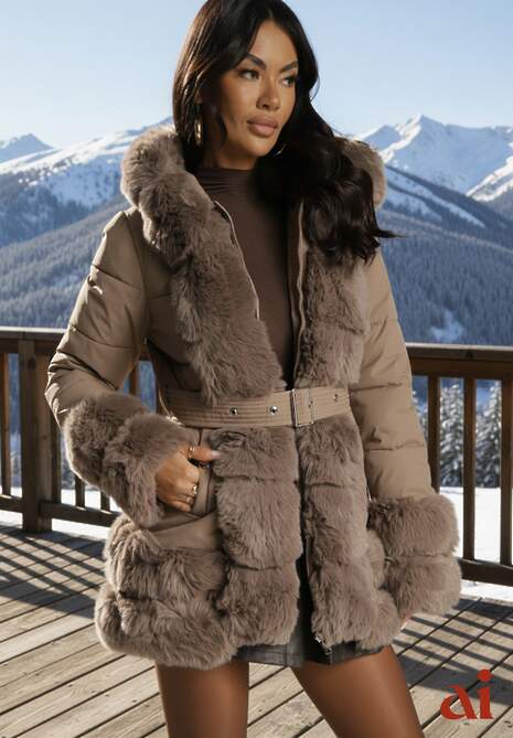 Ciemnobeżowa Kurtka o Taliowanym Kroju z Paskiem Kapturem i Futerkiem Ranalia