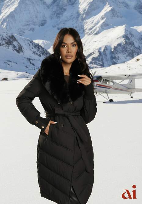 Czarna Pikowana Kurtka o Eleganckim Kroju z Futerkiem i Wiązanym Paskiem Galinessa