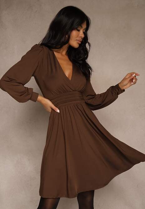 Brązowa Sukienka z Wiskozą o Rozkloszowanym Kroju Selaitea 4