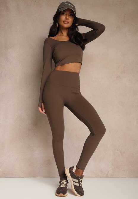 Brązowe Legginsy High Waist Ozdobione Przeszyciem Belanessa