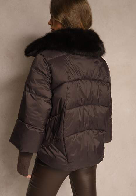 Brązowa Pikowana Kurtka Zimowa z Futrem przy Kołnierzu i Ściągaczami Tildena 4