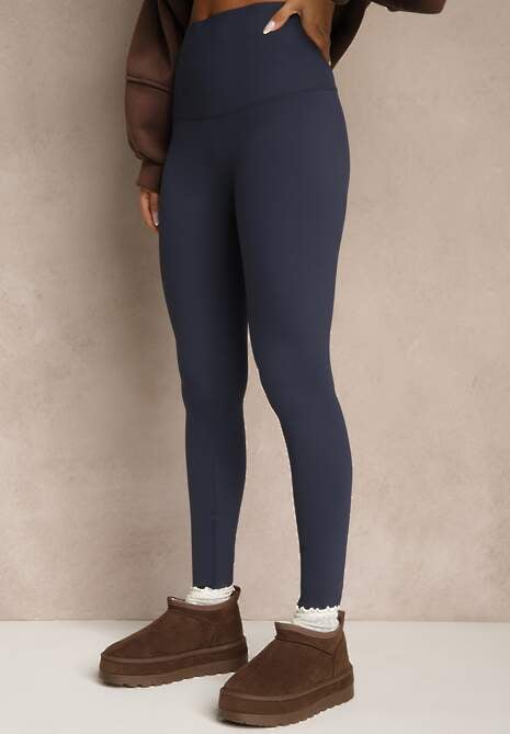 Granatowe Legginsy High Waist z Szeroką Gumką w Talii Aithala 4