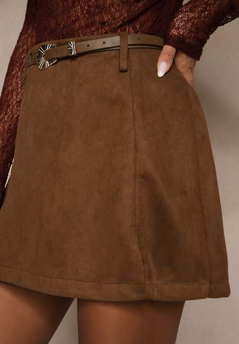 Brązowe Spódnico-Szorty High Waist z Ozdobnym Paskiem Korelea 5