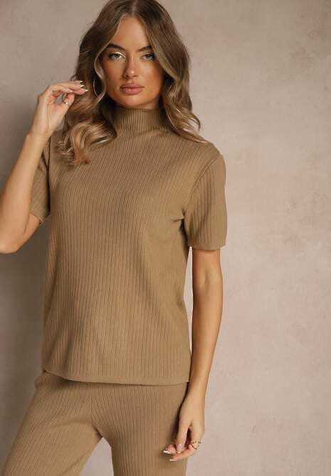 Beżowy Komplet z Dzianiny z Bawełną Spodnie Kardigan i T-shirt z Golfem Ralonia 5