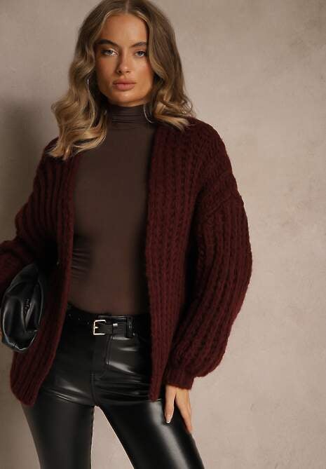Bordowy Oversizowy Kardigan Bez Zapięć z Dodatkiem Wełny i Wiskozy Titanesa