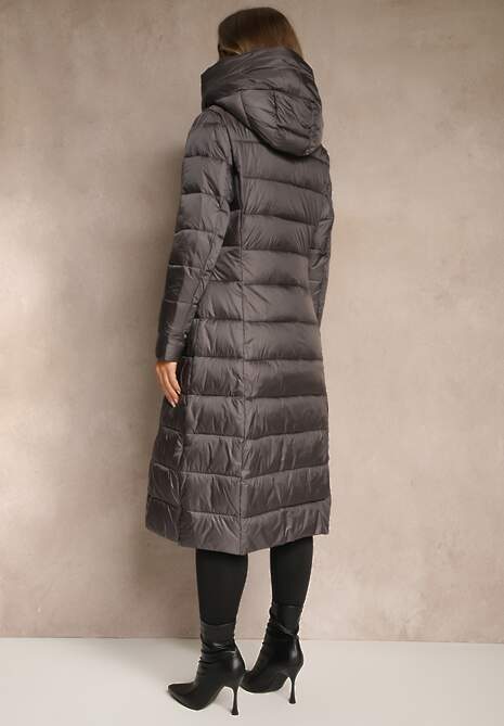 Szara Długa Kurtka Płaszcz z Pikowaniem i Kapturem Tittonna 4