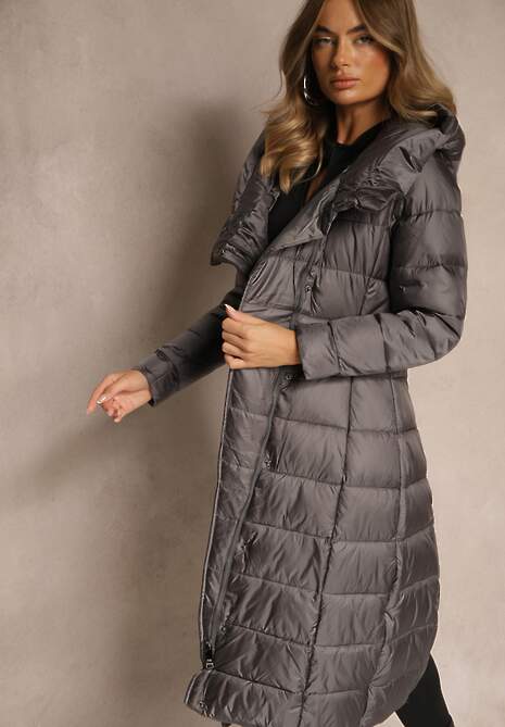Szara Długa Kurtka Płaszcz z Pikowaniem i Kapturem Tittonna 5