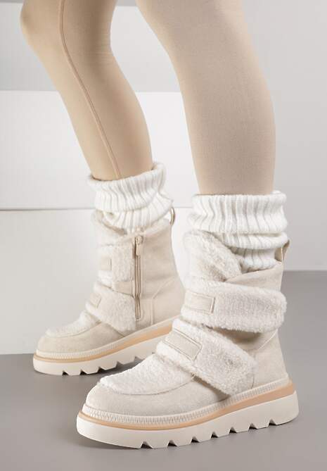 Beżowe Botki Typu Śniegowce na Platformie z Dwoma Ozdobnymi Rzepami Edarlia 4