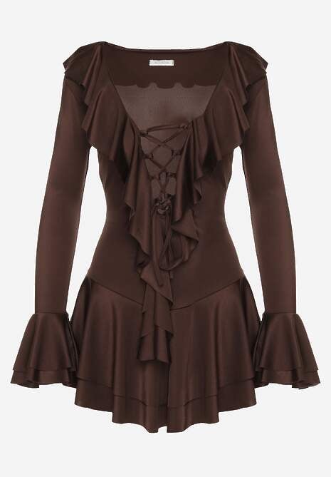 Brązowa Sukienka o Taliowanym Kroju z Falbanami Tiseania 6