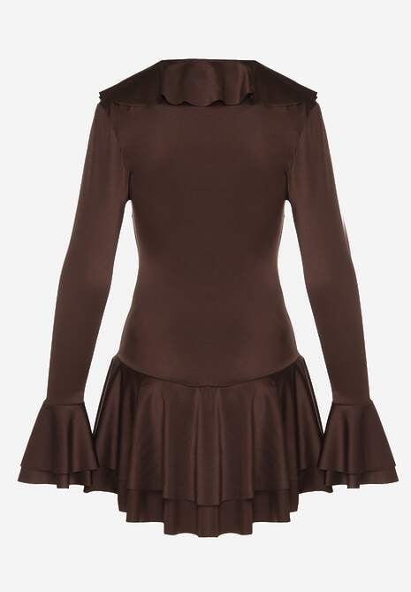Brązowa Sukienka o Taliowanym Kroju z Falbanami Tiseania 7