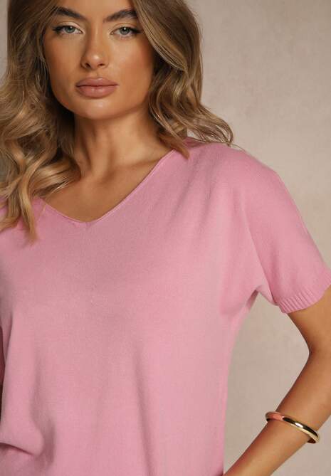 Różowy T-shirt z Dzianiny z Dekoltem w Serek Fenalise 5
