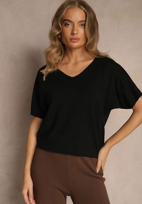 Czarny T-shirt z Dzianiny z Dekoltem w Serek Fenalise 4