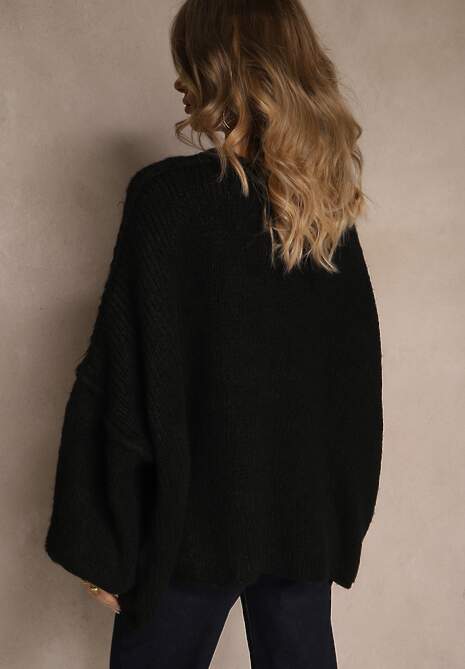 Czarny Niezapinany Kardigan Nietoperzowy z Dodatkiem Wełny i Wiskozy Rallidia 5