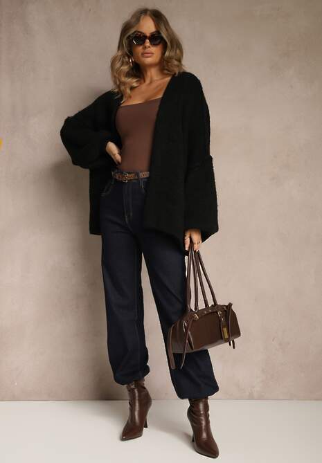 Czarny Niezapinany Kardigan Nietoperzowy z Dodatkiem Wełny i Wiskozy Rallidia 4