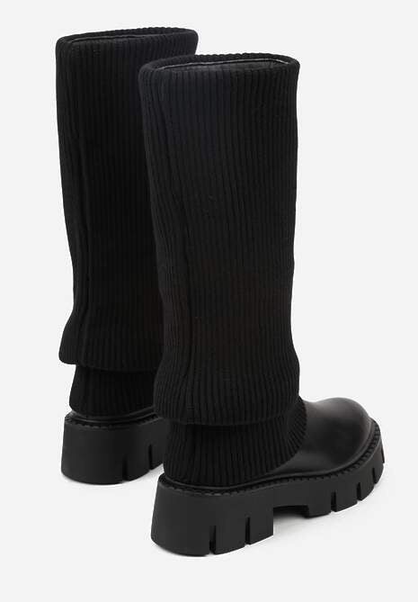 Czarne Kozaki Chunky z Dzianinową Cholewką Imitującą Nogawkę Fenema 6