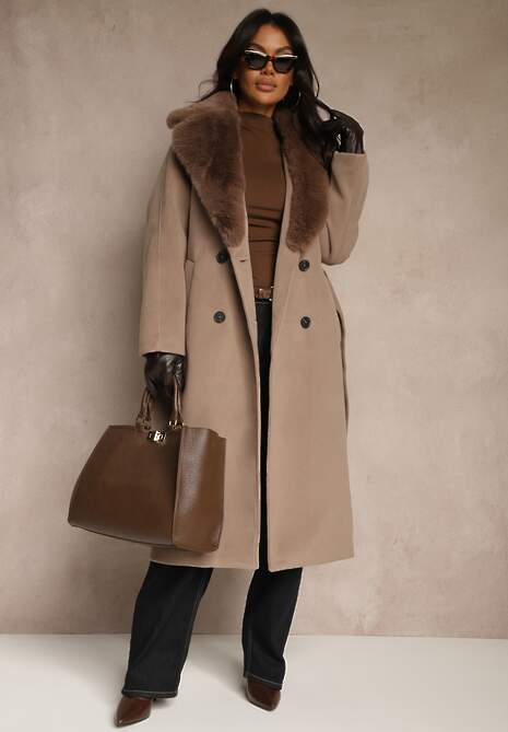 Beżowy Dwurzędowy Płaszcz Elegancki z Futrzanym Kołnierzem i Paskiem Ezanttia