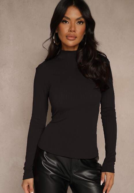 Czarna Klasyczna Bluzka Longsleeve z Golfem Raleia 4